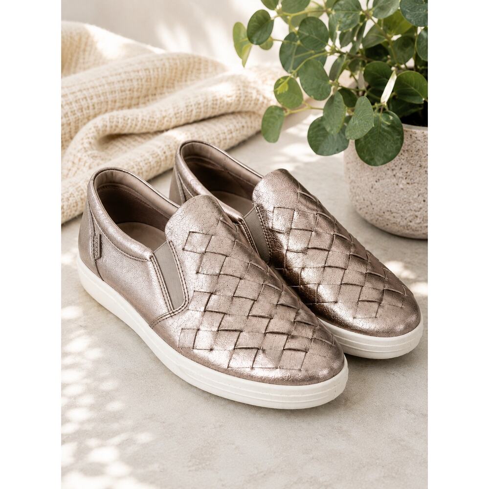 ECCO Soft 7 Woven Metallic Rose Gold Leather Slip On Sneakers EU 42 US 11